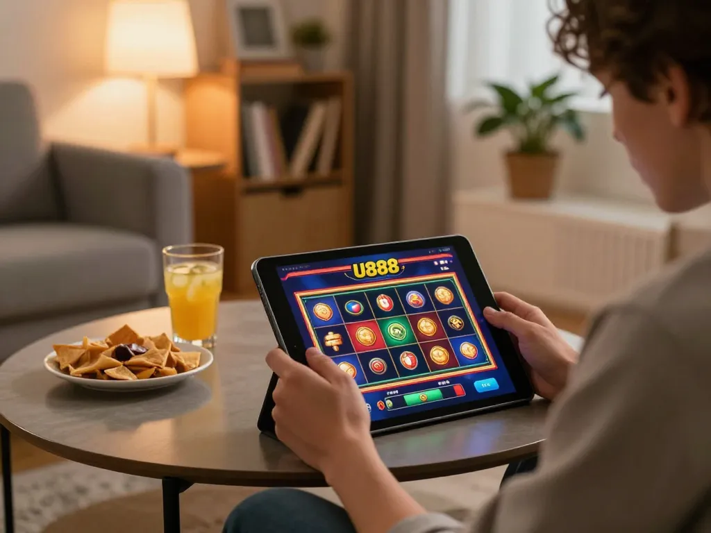 Engaging in U888 online casino gaming with vibrant slots interface on tablet