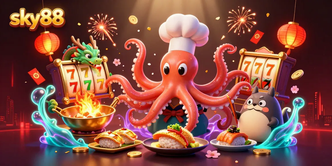 Experience winning thrills at sky88 with a vibrant illustration of an octopus chef, dragon, and tanuki!