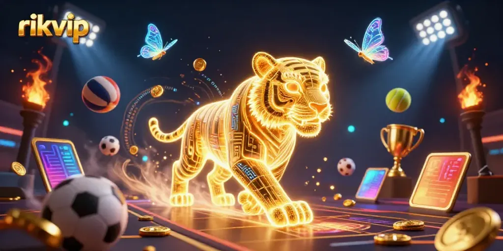 Engage in thrilling gameplay on rikvip, surrounded by dynamic sports elements and a vibrant casino atmosphere.