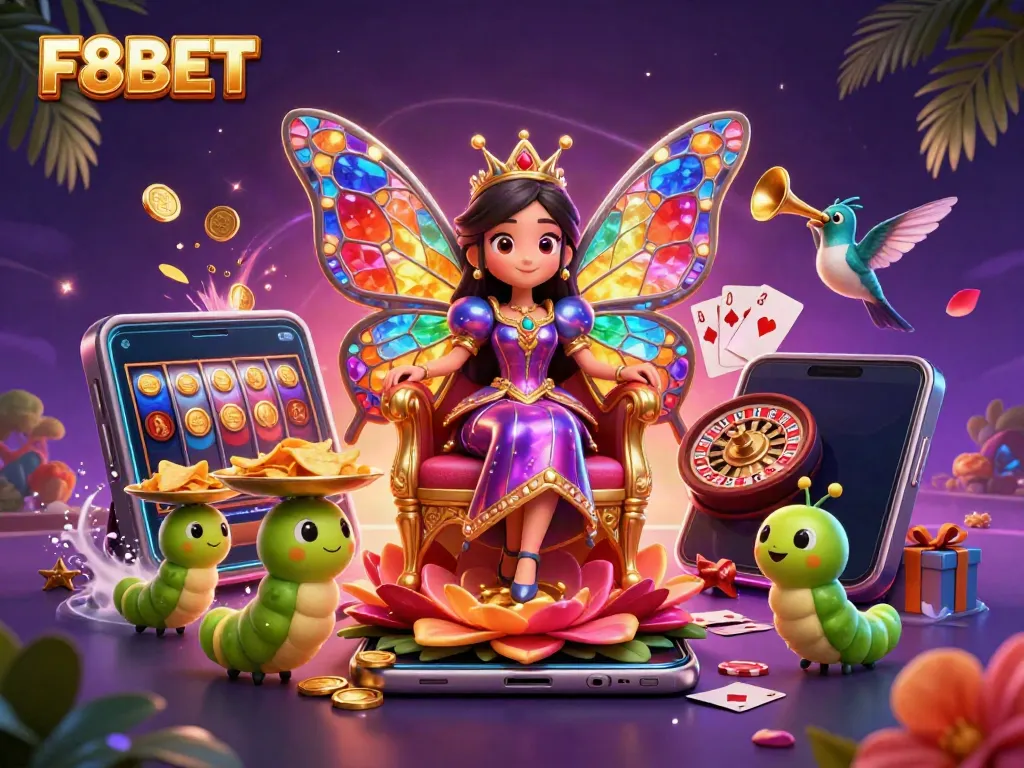 Experience F8BET's vibrant casino adventure with the whimsical butterfly queen in a richly detailed 3D illustration.