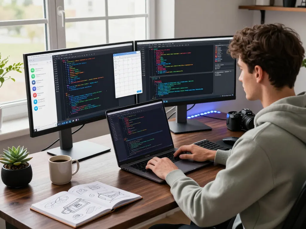 Developer coding with clawbot integrations in a modern workspace