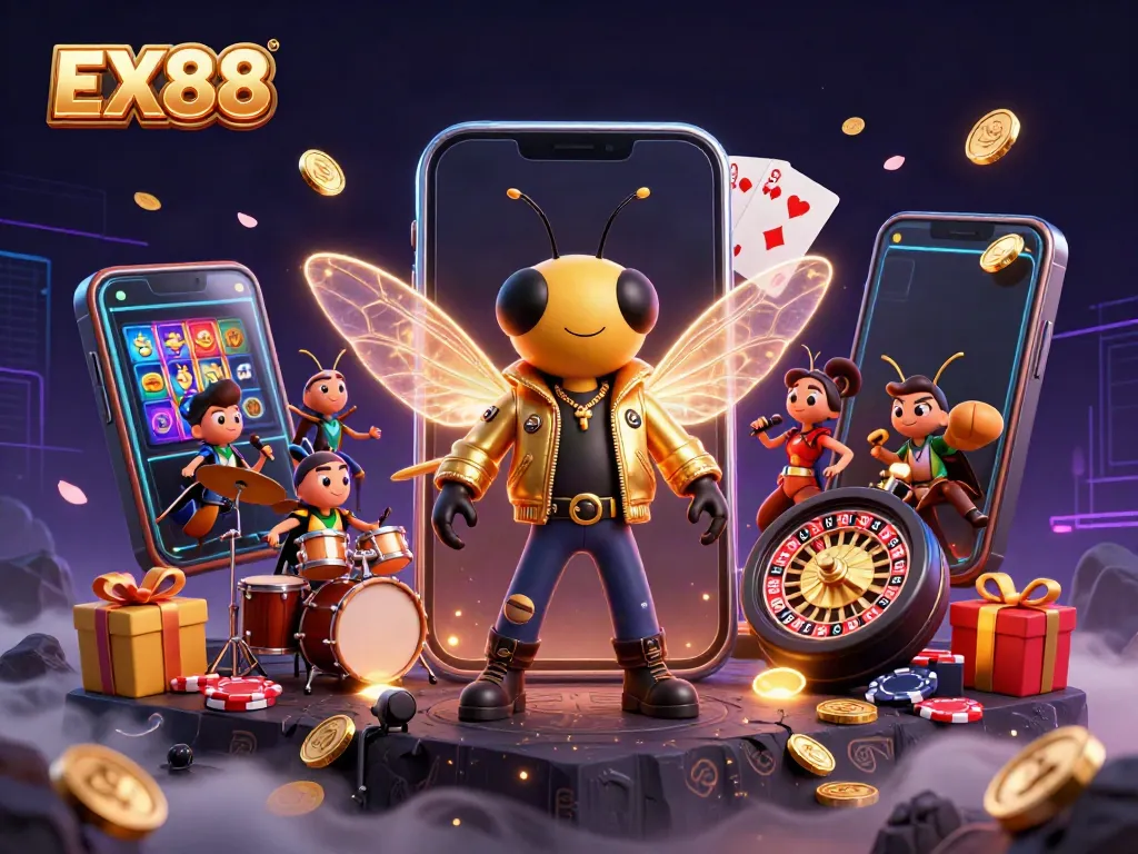 Engage with EX88 at this vibrant casino scene showcasing lively characters and exciting gameplay elements.