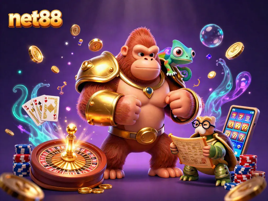 Experience thrilling gameplay at net88 with a powerful gorilla king and lively game elements in a vibrant atmosphere.