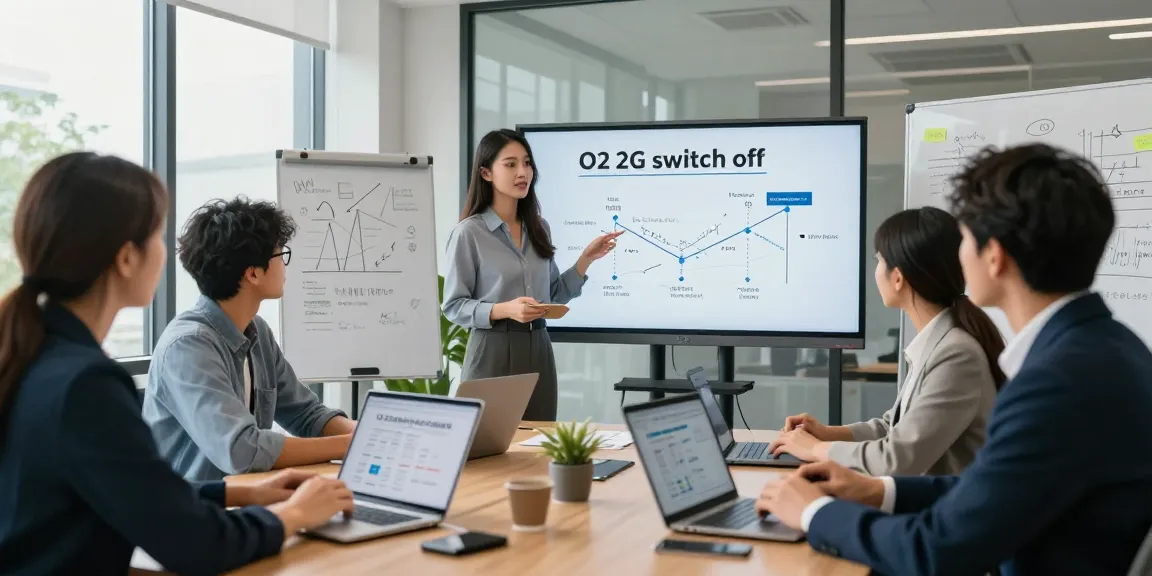 Team discussing the O2 2G switch off in a modern office environment, highlighting collaboration and technology transition.