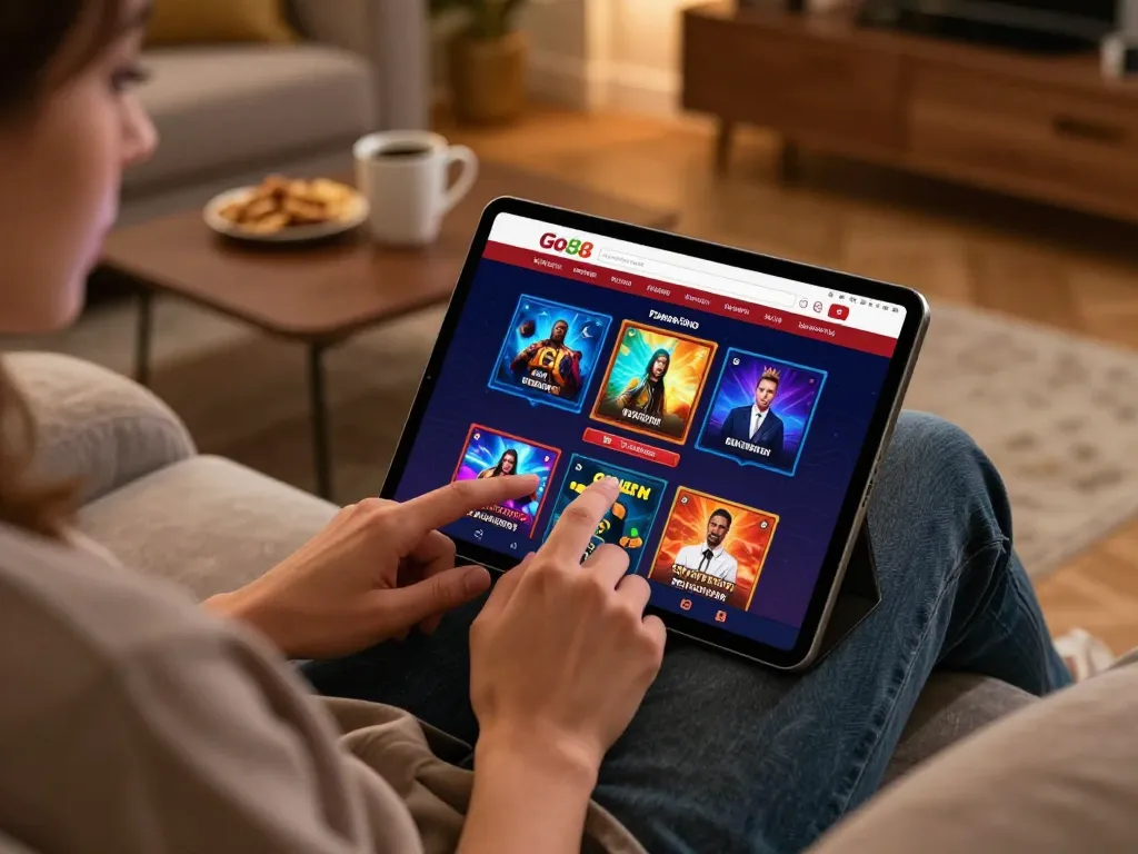 Engage with Go88 online casino gaming on a tablet in a cozy home setting while enjoying snacks.
