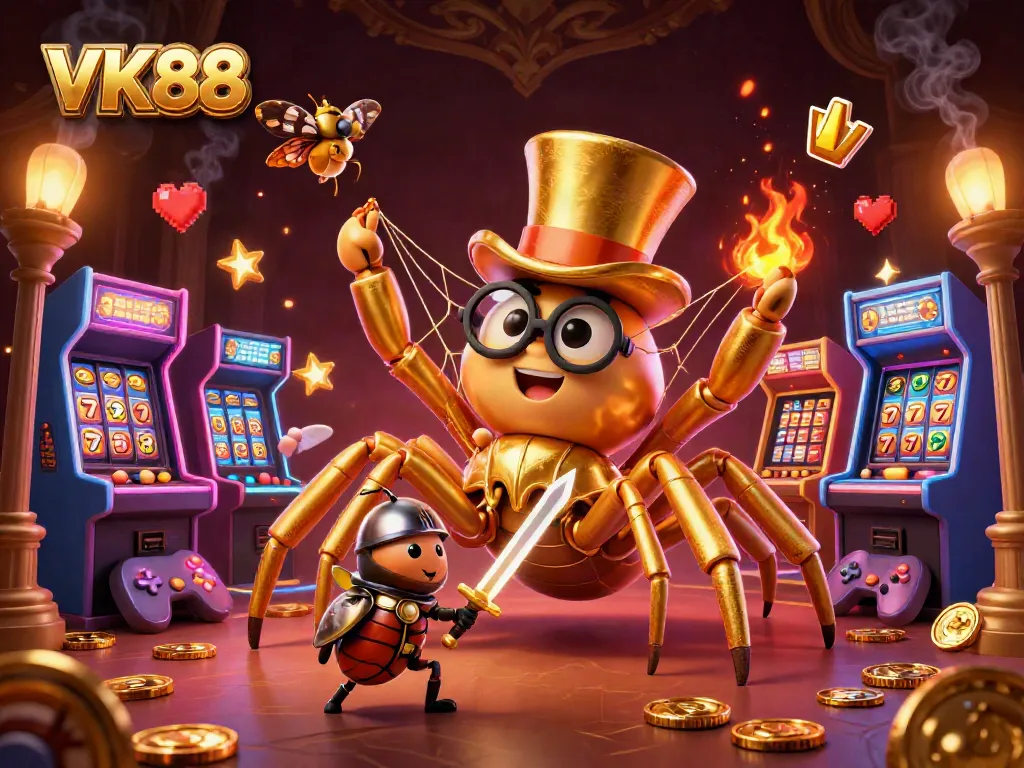 Experience excitement with VK88's vibrant casino scene filled with characters, arcade elements, and golden treasures.