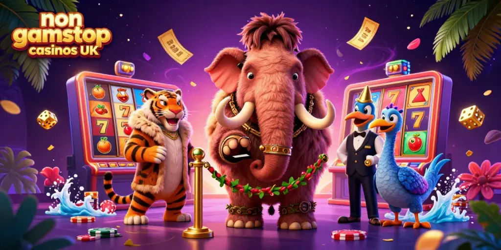 A 3D cartoon scene depicting non GamStop casinos UK, featuring a woolly mammoth bouncer, a saber-tooth tiger guest, and dynamic slot game elements.