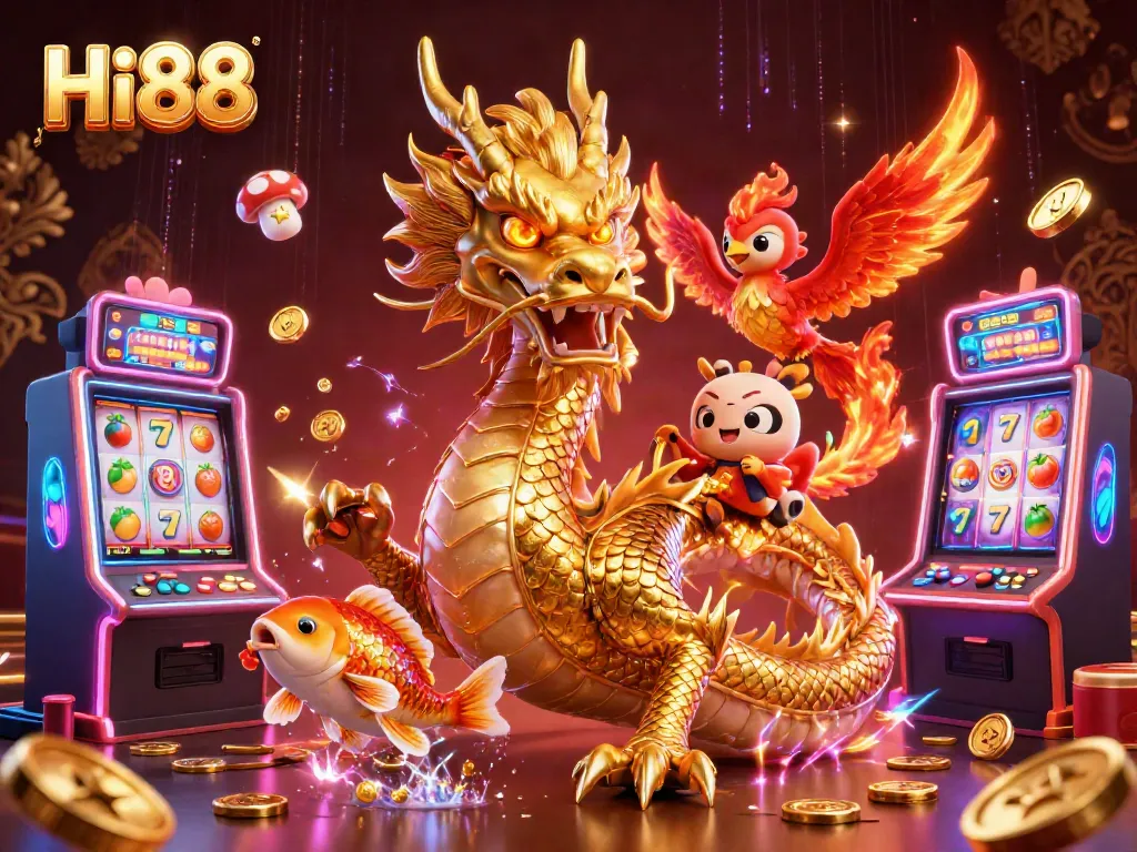 Engage with Hi88's vibrant casino action featuring a dragon and phoenix setup.