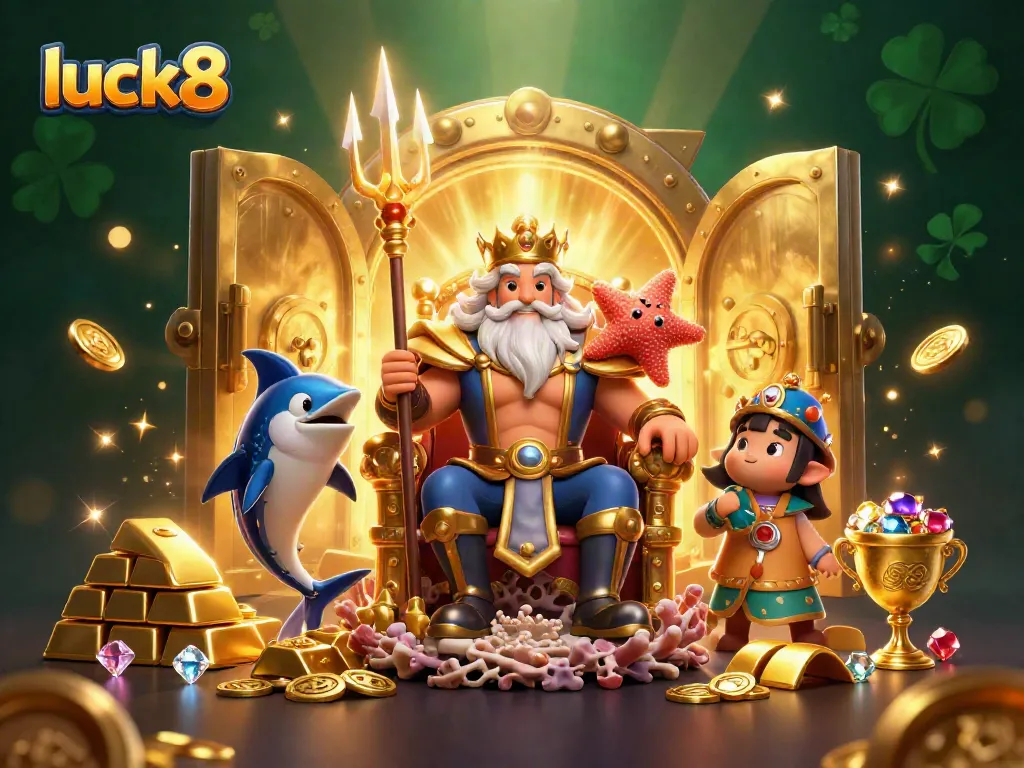 Experience the thrill of luck8 with Neptune and treasures in a vibrant casino scene.