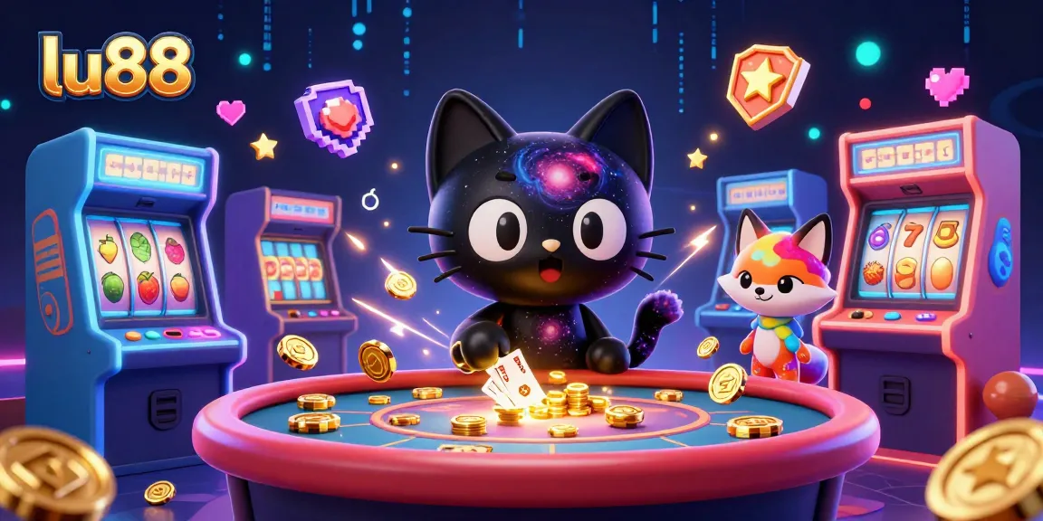 Spin reels and win big with lu88, featuring a cartoon black hole cat in a vibrant casino.
