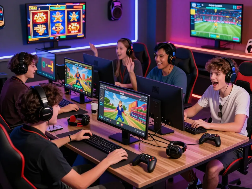 Engaged players enjoying Sonclub app in a vibrant gaming room, showcasing online gaming excitement.
