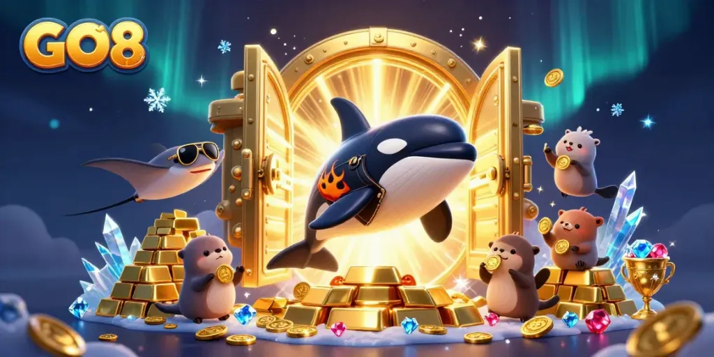 GO8 showcases an exciting casino scene with an orca, stingray, and otters celebrating riches.