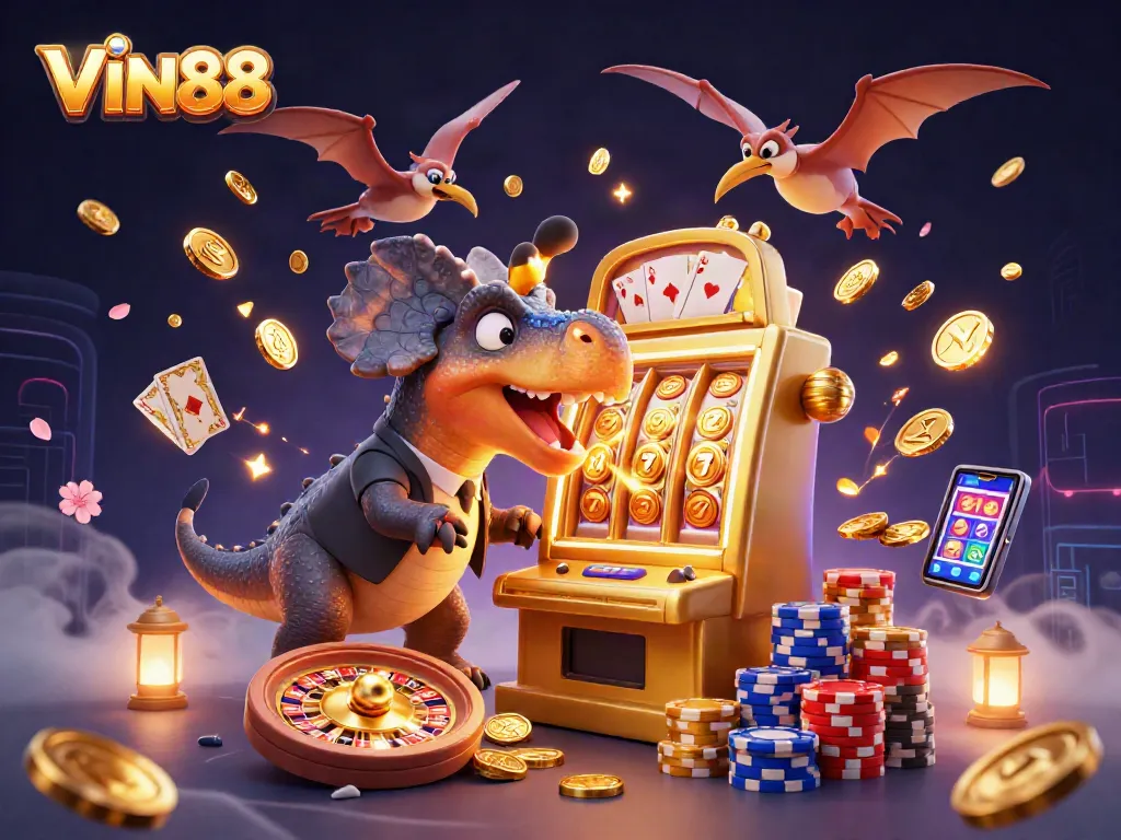 Experience a jackpot win with VIN88 as a cartoon dinosaur interacts with a golden slot machine, creating a dynamic casino scene.
