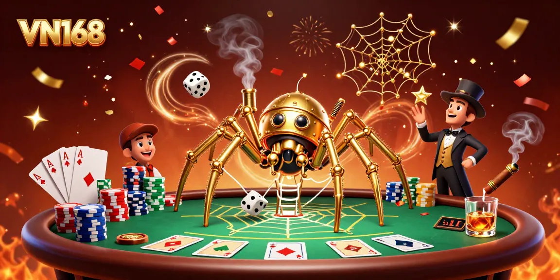 Experience thrilling action at VN168 with a golden spider catching dice in a vibrant casino setting.