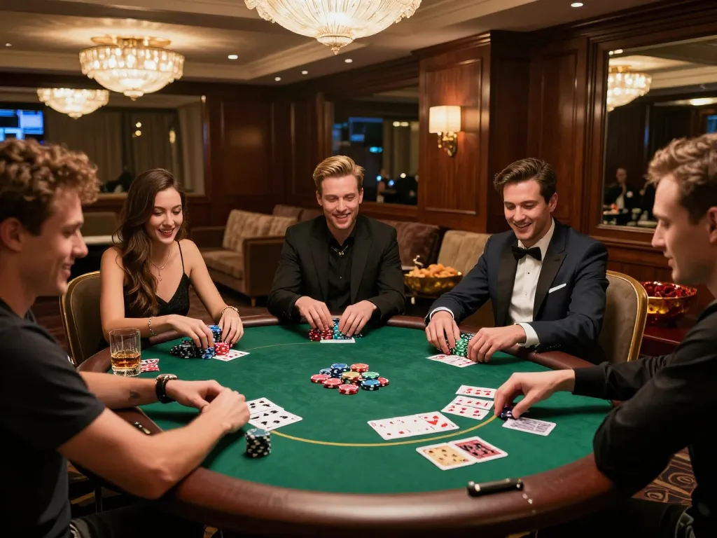 Players enjoying a thrilling game of poker at BL555, displaying their chips and cards in a luxurious setting.