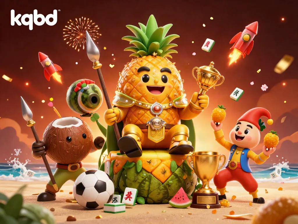 Engage with kqbd's vibrant sports betting atmosphere, showcasing a golden pineapple king and dynamic elements.