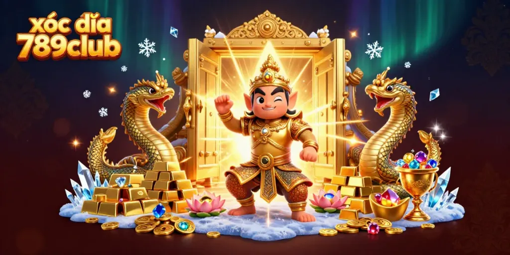 Xóc đĩa 789club vibrant 3D illustration featuring a golden guardian and treasure elements.