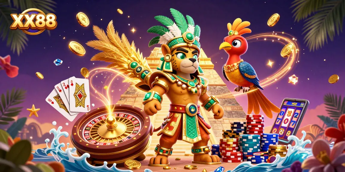 Experience the thrills of XX88 casino with a vibrant illustration of lucky symbols and winning elements.