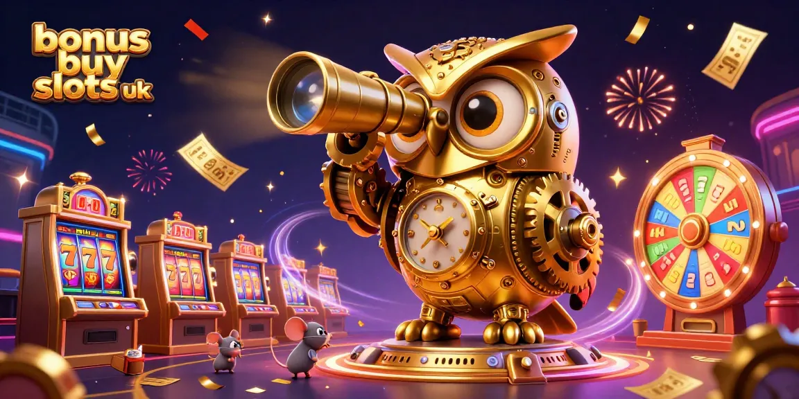Engage with bonus buy slots UK through a vibrant casino scene featuring a golden owl and lively slot machines.