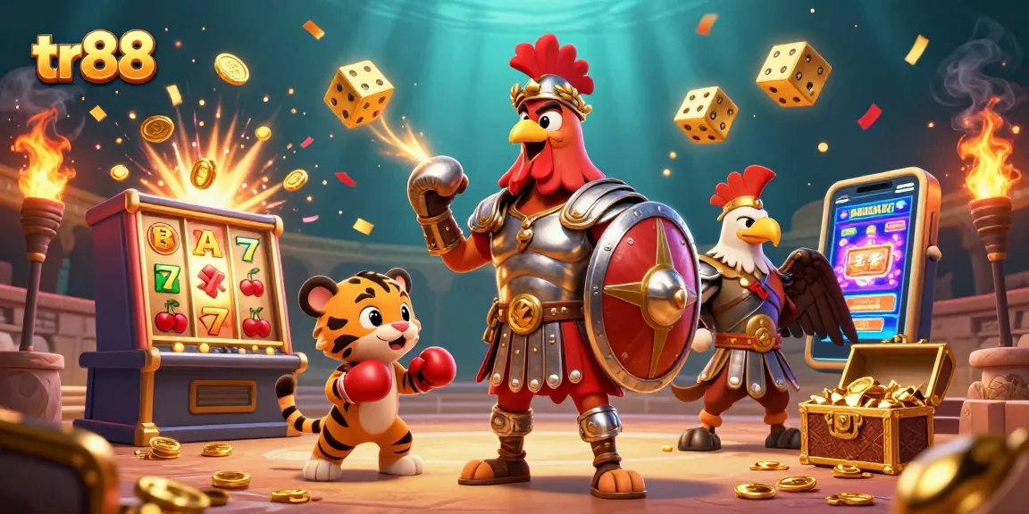 Experience thrilling action at tr88 with a dynamic illustration featuring gladiator rooster and exciting casino elements.