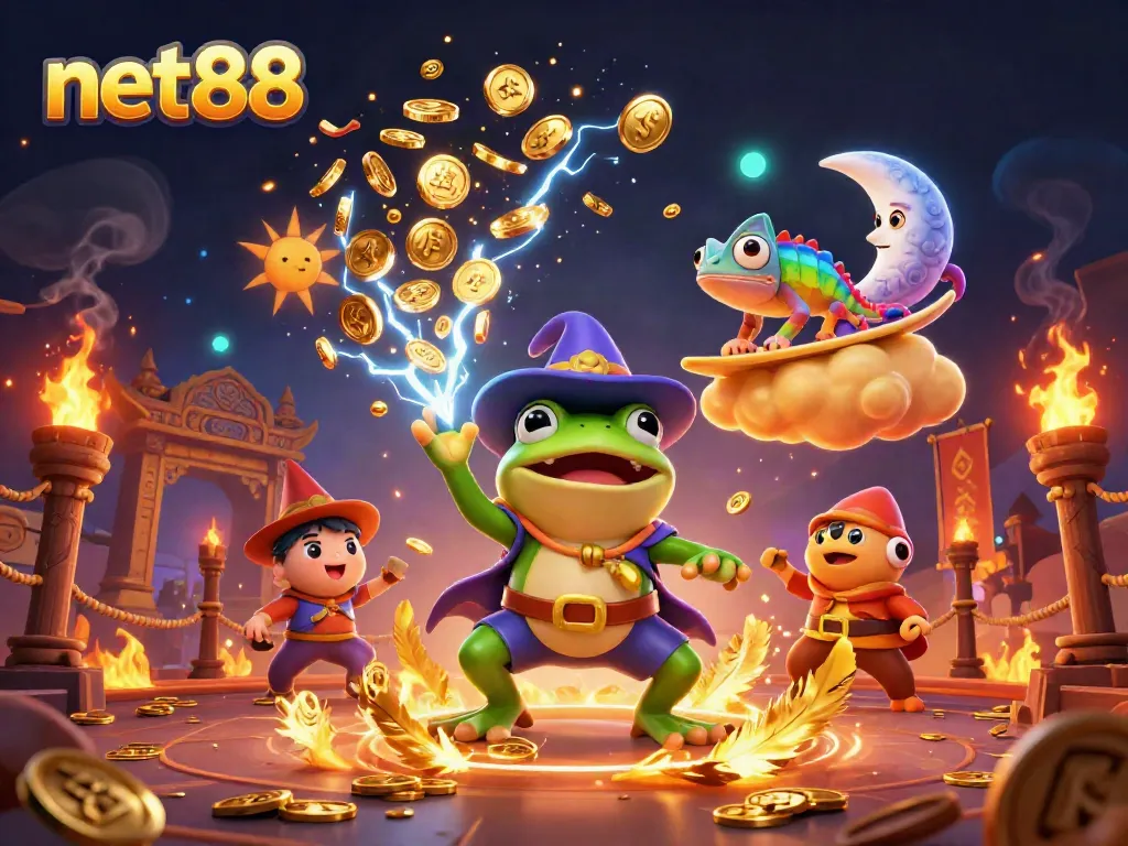 net88 offers thrilling gaming experiences with a storm of golden coins and vibrant characters.