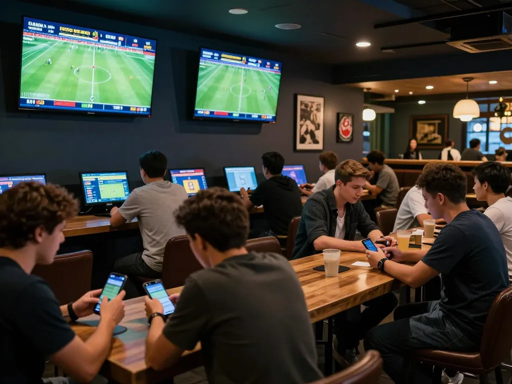 Engaged bettors using bongdalu app to place wagers during live sports event in a lively bar.