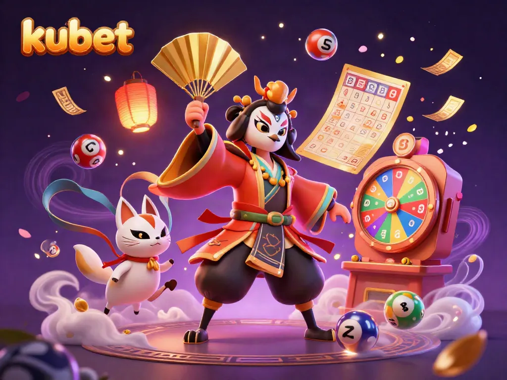 Kubet players engage with vibrant lottery elements and dynamic character designs in a lively illustration.
