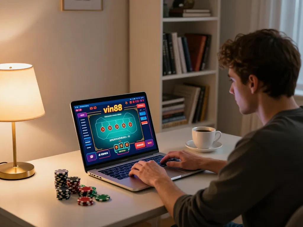 Person playing vin88 poker online on a laptop in a cozy home setting with chips and coffee