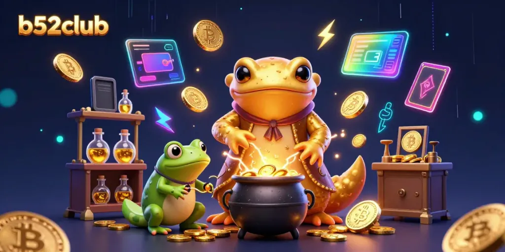 Engage with B52club's captivating golden alchemist and frog apprentice in a magical gambling landscape.