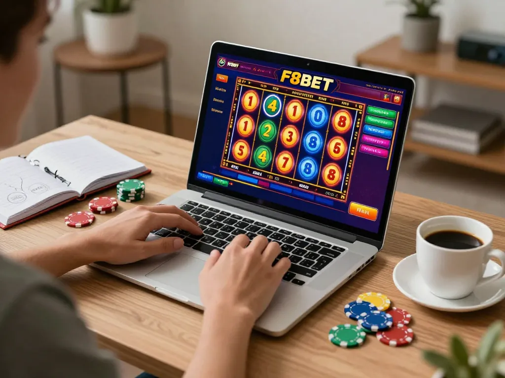 Engaging player experiencing vibrant F8bet online slots at cozy home setup.