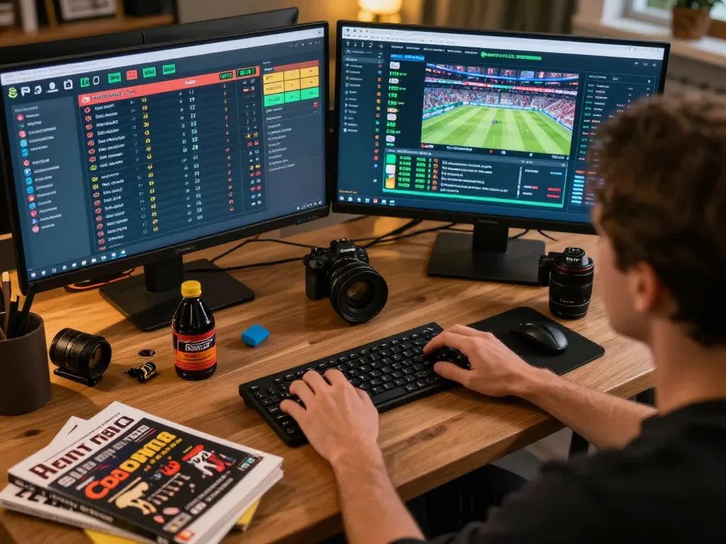 Player analyzing gi8 sports betting odds on multiple screens in a cozy home office setting