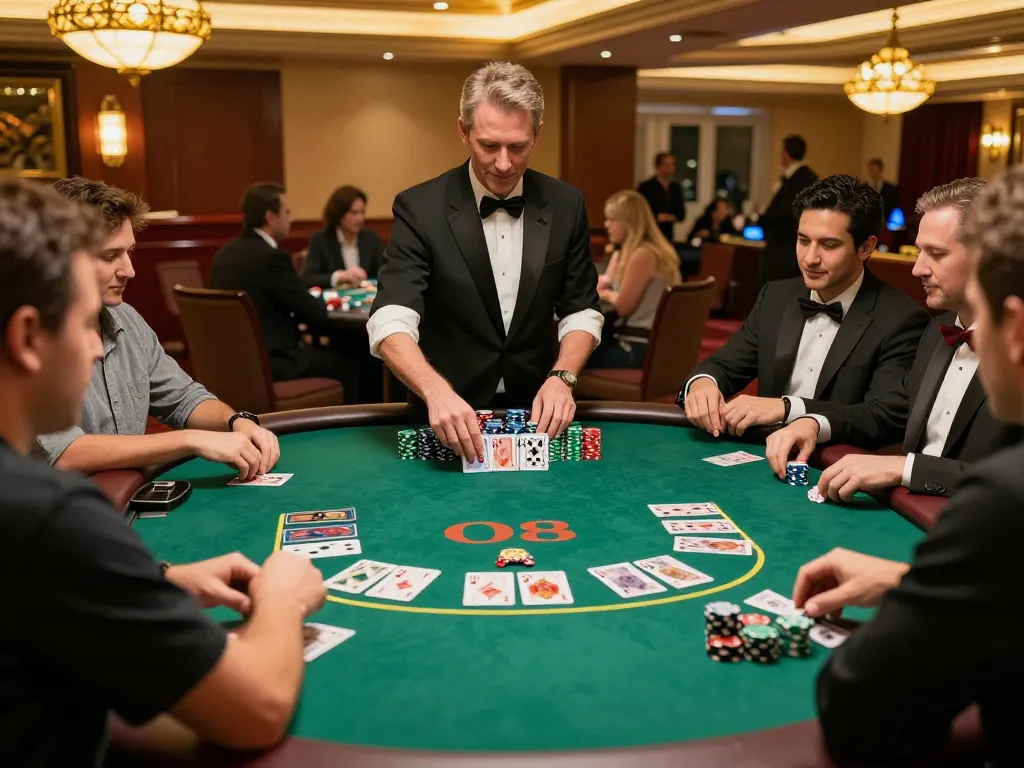 O8 casino blackjack game in action with players placing bets and a dealer shuffling cards.