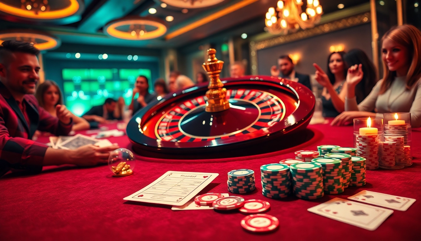 Experience the thrill of gambling with high-stakes at https://sky88sa.com/, featuring roulette, poker chips, and casino ambiance.