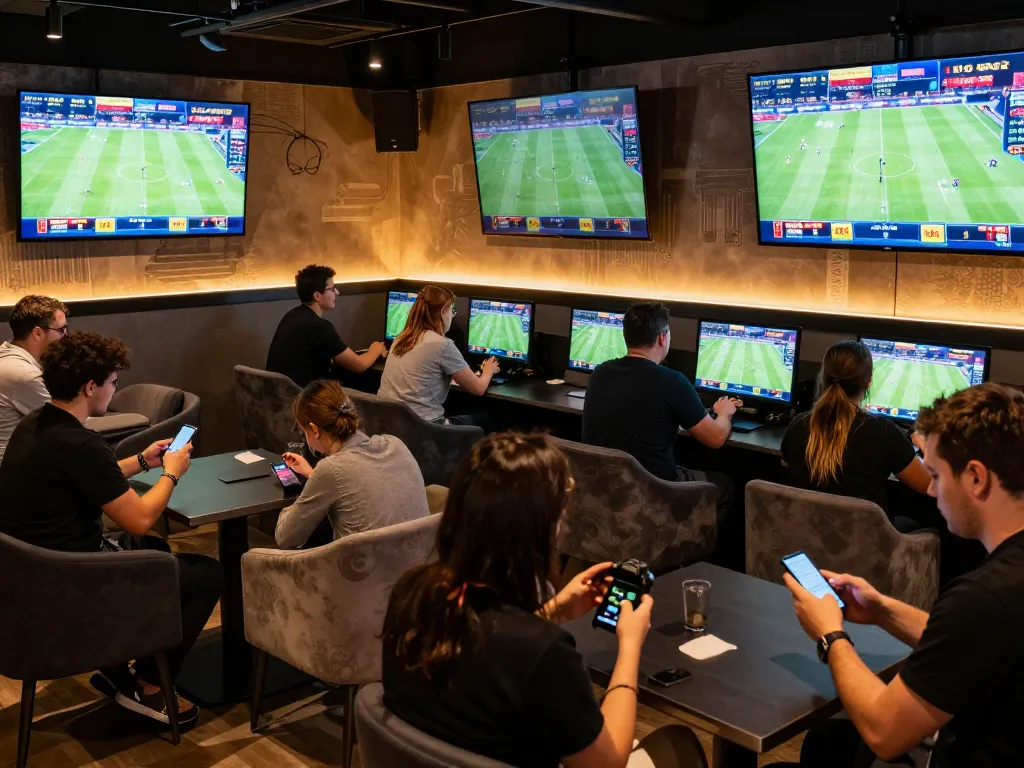 Sports bettors engaging with mobile apps in a vibrant lounge at bongdalu.
