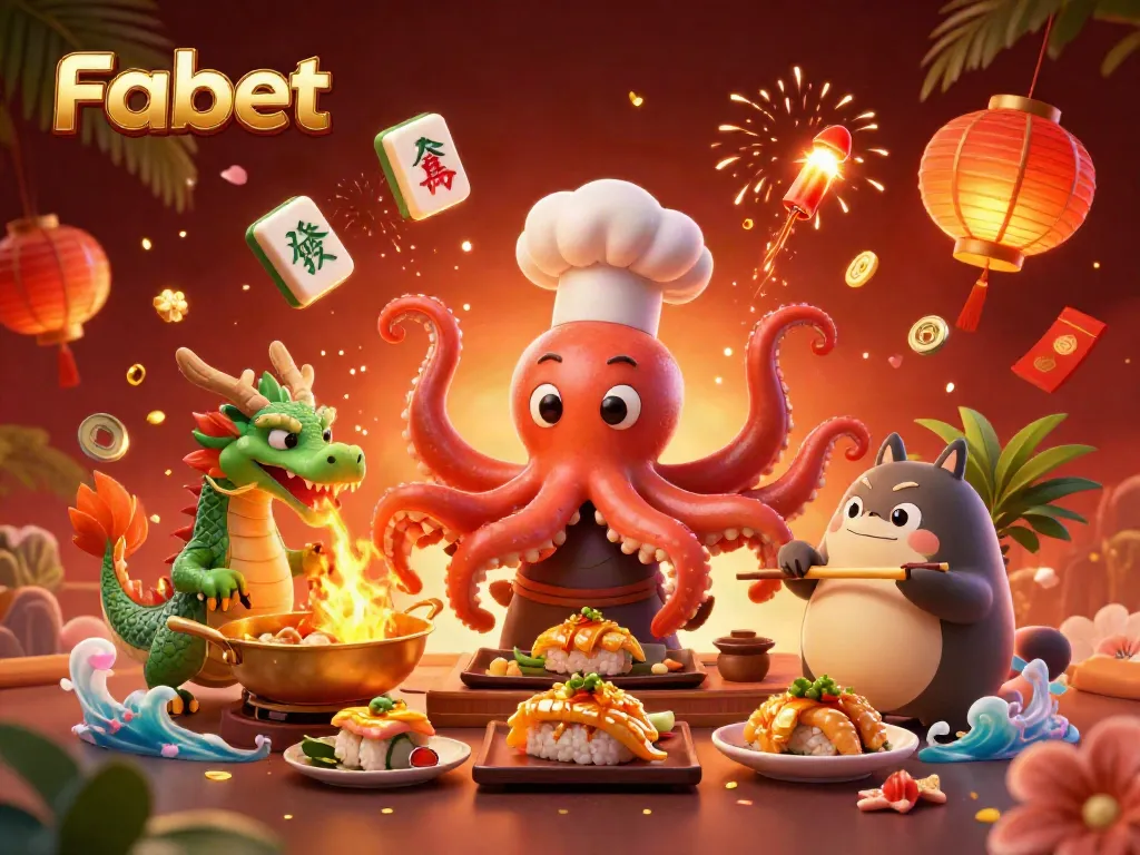 Fabet illustrates a vibrant casino experience with dynamic characters preparing dishes amidst colorful casino-themed elements.