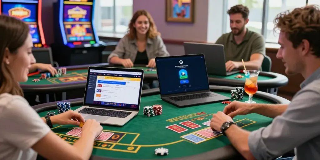 Players enjoying games at a credit card casino with vibrant graphics and engaging atmosphere.