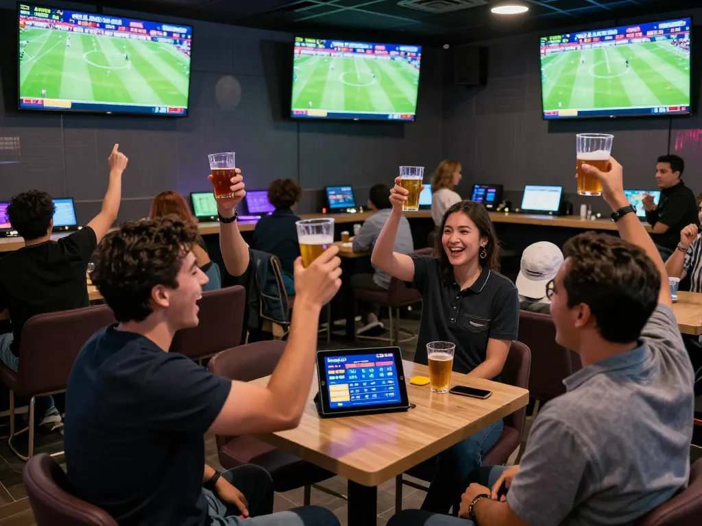 Fans placing bets on Bongdalu app during an exciting sports match in a lively lounge.
