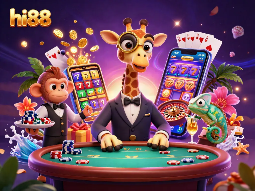 Experience high-stakes fun at hi88 with a giraffe, monkey, and chameleon enjoying casino action.