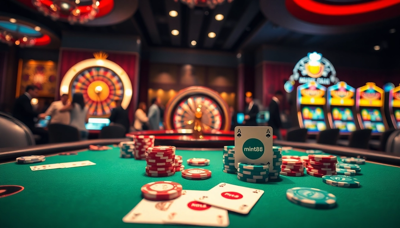 Experience strategic gameplay and excitement at casino tables with mint88 branding.