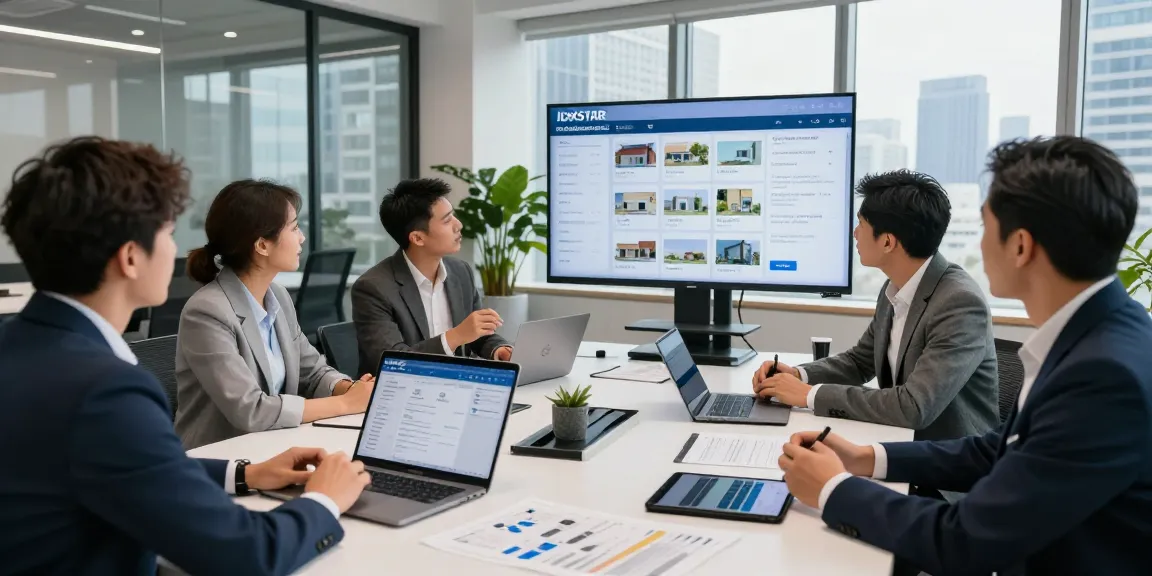 Team discussing IDXSTAR real estate technology solutions in modern office, showcasing collaboration and innovation.