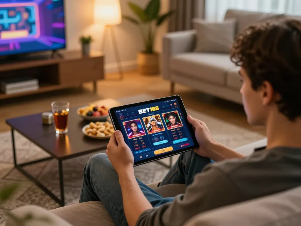 Engaging player enjoying the BET168 casino app on a cozy sofa, highlighting mobile gaming.