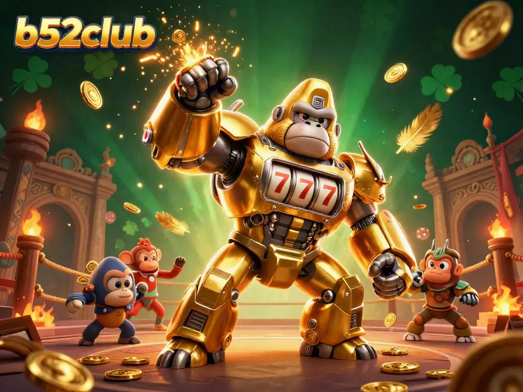 Engage with b52club in a thrilling 3D scene featuring a golden mech gorilla amidst vibrant casino elements.