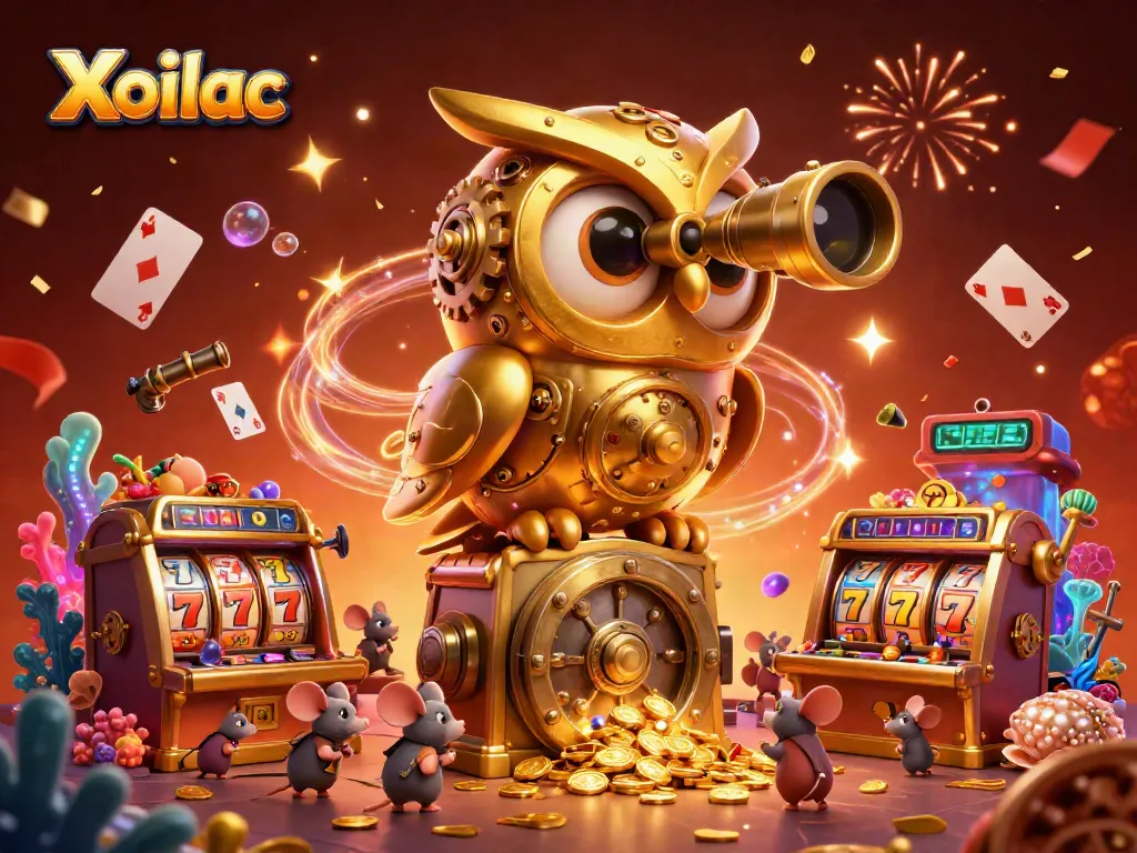 Xoilac casino scene with a clockwork owl and wind-up mice celebrating with slot machines and confetti.