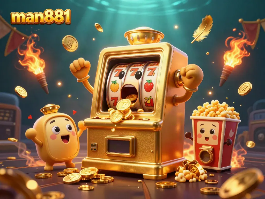 man881 slot machine winning jackpot with coins pouring out, creating excitement in a vibrant casino scene.