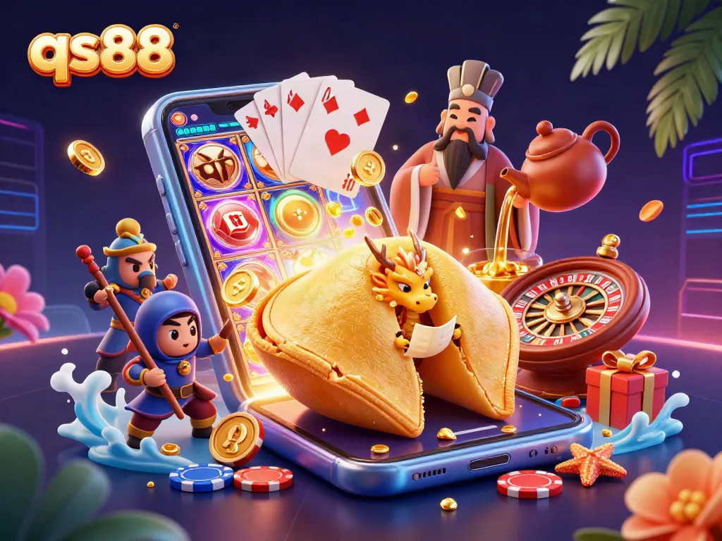 Experience the exciting qs88 fantasy with a golden fortune cookie scene surrounded by vibrant casino game elements.