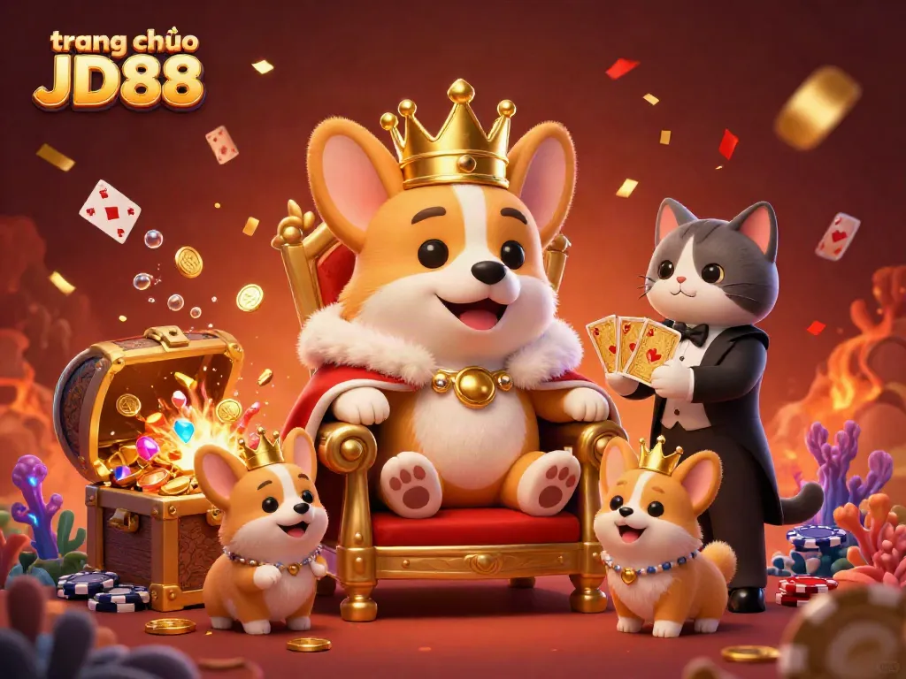 Engage with the vibrant atmosphere of trang chủ JD88, featuring a royal corgi on a throne of poker chips amid festive decorations.
