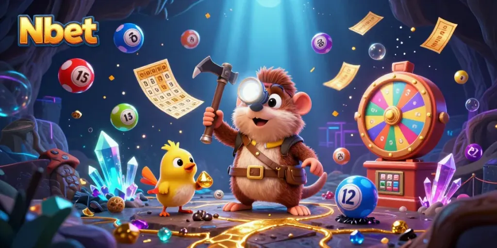 Nbet showcases an exciting lottery moment with a miner character amidst vibrant gaming elements.