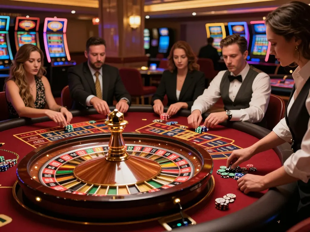 Players placing bets at a roulette table in an upscale casino, capturing the essence of okwin excitement and strategy.