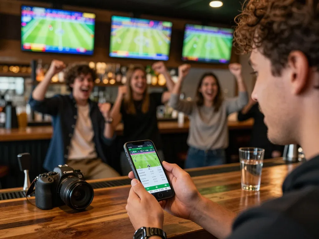 Excited bettor using nohu90 sports betting app, vibrant bar scene with friends cheering