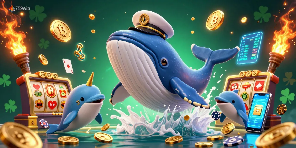 Play casino games with 789win whale captain breaching through coins, showcasing vibrant jackpots and digital assets.
